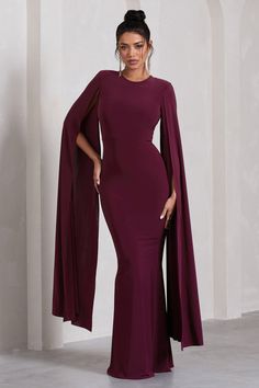 Kimmy Burgundy High Neck Maxi Dress With Cape Sleeves – Club L London - USA Dress With Cape Sleeves, Burgundy Gown, Navy Gown, Dress With Cape, High Neck Maxi Dress, Black Dress Prom, Black Tie Gala, Cape Sleeves, Black Velvet Dress