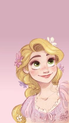 a cartoon girl with blonde hair and green eyes wearing a pink princess dress, smiling at the camera