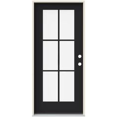 a black and white door with three panes on the front, and one side panel