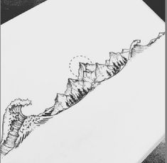 an ink drawing of a mountain and sea wave coming out of the top of a cliff