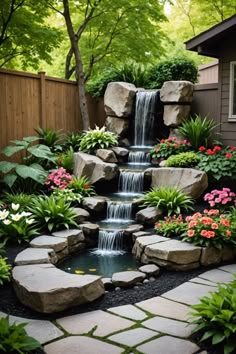 a small waterfall in the middle of a garden