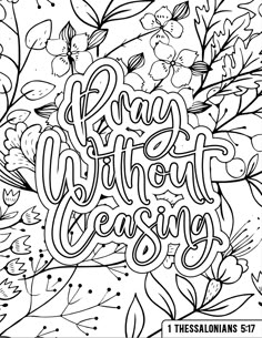 an adult coloring page with the words happy birthday and flowers in black and white ink