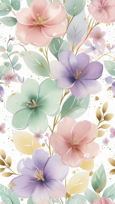 an abstract floral pattern with pink, purple and green flowers on a white background in pastel colors