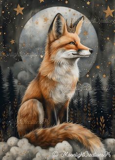 a painting of a fox sitting in front of a full moon with stars on it