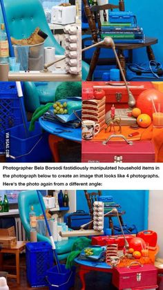 there are pictures of different colored chairs in the room and one is blue with oranges on it