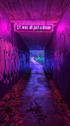 an empty tunnel with graffiti on the walls and purple light above it that says it was all just a dream