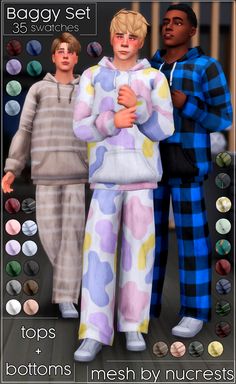 two men in pajamas standing next to each other with different colored buttons on the pants