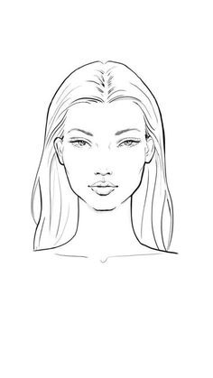 a line drawing of a woman's face with long, straight hair and blue eyes