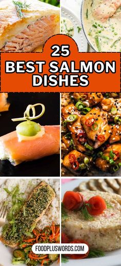 the 25 best salmon dishes are featured in this collage