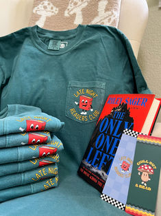 Unwind in style with the Late Night Readers tshirt. Featuring Norman the Novel and the phrase 'late night readers club', this emerald green comfort colors pocket tee evokes retro vibes and bookish charm.(Cue the urge to curl up with a good book.)
Snag a matching bookmark set to match your tee!

Available in sizes small to 3x Comfort Colors Tshirt, Branded Shirts, Pocket Tshirt, Pocket Tee, Oversized Look, Retro Vibe, Late Night, Sizing Chart, Comfort Colors