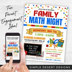 a flyer for a family math night with an image of a hand holding a phone