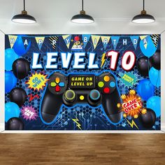 an image of a video game themed wallpaper in a room with balloons and streamers