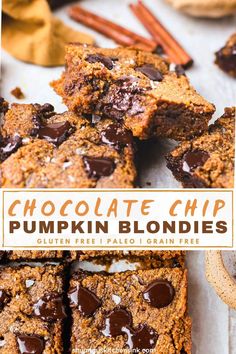 chocolate chip pumpkin blondies stacked on top of each other with cinnamon sticks in the background