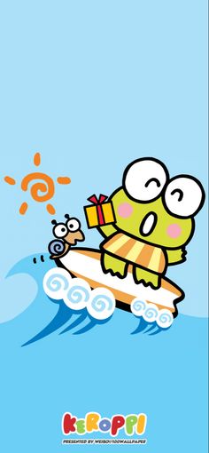 a cartoon character riding on top of a surfboard