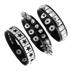 PRICES MAY VARY. Package Included : 1 * Punk Leather Spikes Bracelet + 1 * Classic Retro Leather Square Rivets Cuff Wristlet + 1 * Star Pattern Rivets Punk Wristband. Material : PU Leather + Premium Polished Alloy. Size : As the picture shown beside, these bracelets are designed with adjustable snap back button, just match them with your own size. Suitable Occasions : Guitar Shows, Night Club, Music Carnvial, Rock Concert, 80s theme Party, 90s theme Party, Rave Party, etc. Perfect Gift : These b Trendy Adjustable Spiked Bracelets, Edgy Bracelets With Rivets For Festival, Adjustable Metal Bracelets With Spikes, Adjustable Punk Leather Band Bracelet, Adjustable Punk Wristband As Gift, Punk Metal Wristband As Gift, Adjustable Punk Style Leather Band Bracelet, Silver Punk Style Wristband Gift, Silver Punk Wristband As Gift