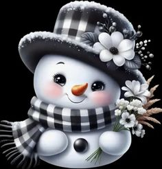 a snowman wearing a black and white scarf and hat with flowers on it's head