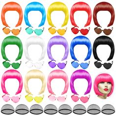 PRICES MAY VARY. Value pack: In total 42 pieces, you will receive 14 pieces wig cap, 14 pieces of short bob wigs and 14 pairs heart shaped sunglasses with different colors, vibrant and pretty, easy to meet your various match Quality Wigs: the cosplay hairpiece are made of polyethylene, reusable, and with netted cap, lightweight and adjustable, don't worry about your hair being damaged Colorful Sunglasses: the heart shaped rimless glasses are made of quality plastic, light for a comfortable exper Bachelorette Halloween Costume, Bachelorette Halloween, Wigs Party, Colorful Wigs, Colorful Sunglasses, Neon Shorts, Heart Shaped Glasses, Up Theme, Rimless Glasses