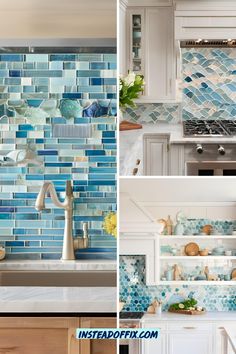 three pictures of different kitchen backsplashes with blue and white tiles on them