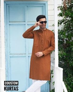 Welcome My Shop:  COUSTOMKURTAS ... Men's Brown Kurta in White Pyjama | Designer Kurta Pajama for Mens | Islamic Clothing | Hajj, Umrah Kurta Pajama Set | Pure Brown Kurta Sets - **Fabric Cotton - **Style Newly - **Color show  the picture (More colors available, please check) These Men's Kurta shirts can be customized as per your requirement. **Example For a 34-inch actual body chest size, we add loose fitting fabric armhole to armhole with 6 inches extra, making the total ready kurta size 40 in Brown Kurta For Eid, Brown Cotton Kurta With Dabka, Brown Cotton Traditional Wear For Eid, Habits Musulmans, Mens Traditional Wear, Cultural Clothing, Designer Kurta, Men's Kurta, Mens Kurta