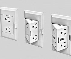 three white electrical outlets are shown in the same wall - mounted outlet, one is plugged into an outlet