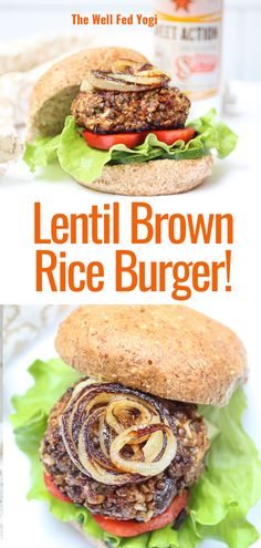 lentil brown rice burger with lettuce and onions