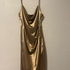 Spaghetti Strap Gold Satin Dress, In The Size Large. The Dress Is Brand New, Never Been Worn With Tags Still Attached Gold Sleeveless Satin Midi Dress, Gold Slip Dress With Spaghetti Straps For Formal Occasions, Gold Sleeveless Slip Dress For Cocktail, Gold Clothes, Gold Satin Dress, Gold Satin, Walker Boots, Blush Makeup, Garment Bags