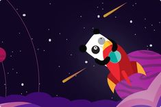 a panda bear flying through the air on top of a rocket ship in outer space