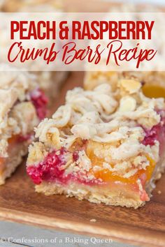 peach and raspberry crumb bars recipe on a cutting board with text overlay