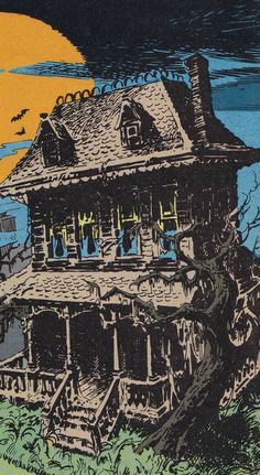 an image of a creepy house with bats flying over it and the moon in the background