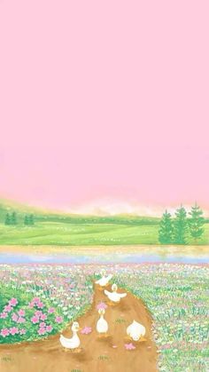 a painting of ducks on a dirt road in a flowery field with pink sky