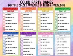 printable party games for kids to play in the rainbow hues and glitter colors