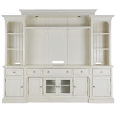 a white entertainment center with glass doors and cupboards on the front, side by side