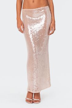 Maxi skirt Back slit detail Sheer sequin fabric Polyester, Spandex Model wears size S Model height is 5'8 Item care: Hand wash in cool water Sparkly Maxi Skirt, Sequin Maxi Skirt, Mermaid Halloween Costumes, Maxi Sequin Skirt, Sparkly Skirt, Bachelorette Outfits, Sequin Maxi, Swimwear Dress, Pink Sequin