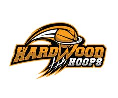 the hard wood hoops logo is shown in orange and black with an image of a basketball