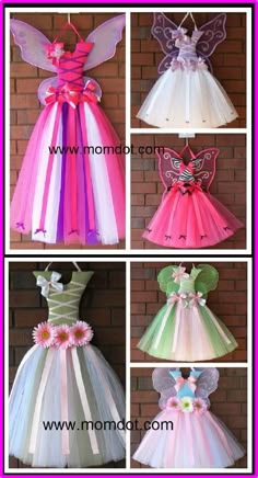 four pictures of different dresses made to look like fairy princesses, one with wings and the other with flowers