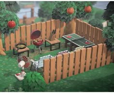 an animated image of a backyard with bbq, chairs and grills in it