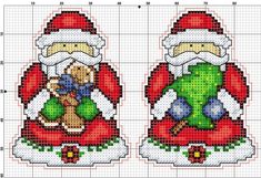 two cross stitch christmas stockings with santa claus holding a teddy bear and a green tree