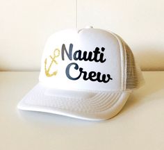 Nauti at 40! This is a fun hat for your favorite 40 year old and the Nauti Crew hats are perfect for her crew!! *this is an adult size trucker hat I welcome custom requests ~ please convo me to work out your own design! :: Hat Details :: - 100% Polyester Front - 100% Nylon Mesh Back - 5-panel cap - Seamless Foam Front Panel with Lining - Matching Mesh Color Braid - 8 Rows Stitching on Visor - Matching Fabric Undervisor - Matching Color Sweatband - Plastic Adjustable Snap Fun White Cap Style Costume Hats, Fun White Costume Cap, Fun White Cap Style Costume Hats And Headpieces, Fun White Costume Hats And Headpieces, White Trucker Baseball Cap For Party, White Snapback Party Hat, White Snapback Trucker Hat For Party, White Snapback Hat For Party, White Nautical Cap