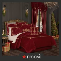 a bed room with a neatly made bed and christmas decorations