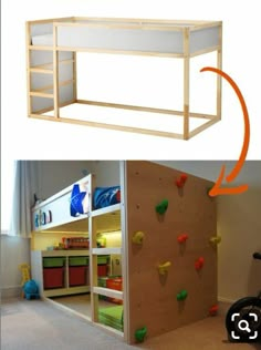 a child's bedroom with a climbing wall and play area in the corner, as well as an image of a bunk bed