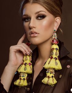 Tzitzit Tassel Earrings. Chunky, unique and attention-grabbing. Vibrant Yellow Dangle Earrings, Glamorous Party Jewelry With Tassels, Yellow Latkan Earrings For Party, Bohemian Yellow Earrings For Party, Yellow Latkans Earrings For Party, Yellow Dangle Tassel Earrings For Party, Yellow Party Earrings With Latkans, Yellow Jeweled Jewelry For Party, Luxury Yellow Jewelry For Party