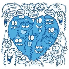 a blue heart filled with lots of cartoon faces