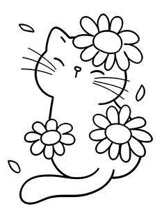 a black and white cat with flowers in its mouth coloring pages for kids, free printable