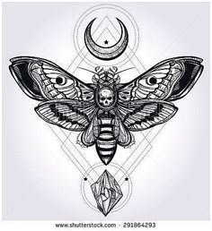 a moth with the moon and stars on it's wings in black and white