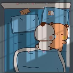 a cartoon bear laying in bed with his head on the pillow