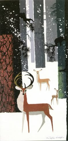 a painting of deer in the woods with trees and snow on it's ground