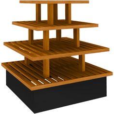 three tiered wooden display case with black base and brown wood top, isolated on white background