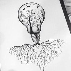 a drawing of a light bulb with trees growing out of it