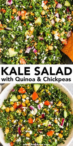 kale salad with cucuma and chickpeas in a white bowl