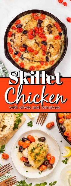 skillet chicken with olives and tomatoes in a cast iron skillet on a white table